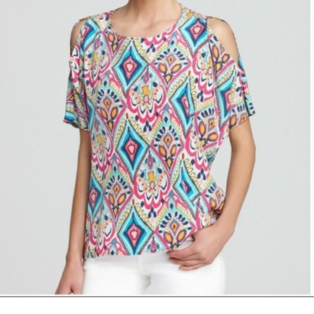 LILLY PULITZER 100% Silk Trace Crown Jewels Blouse Teal Pink Women’s Size Small